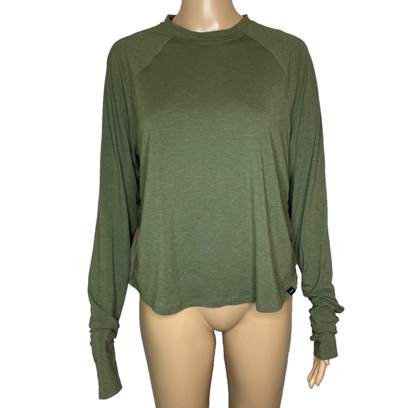 Women's Large Prana Sol Searcher Green Cotton Ruched Long Sleeve Crew - Picture 1 of 7